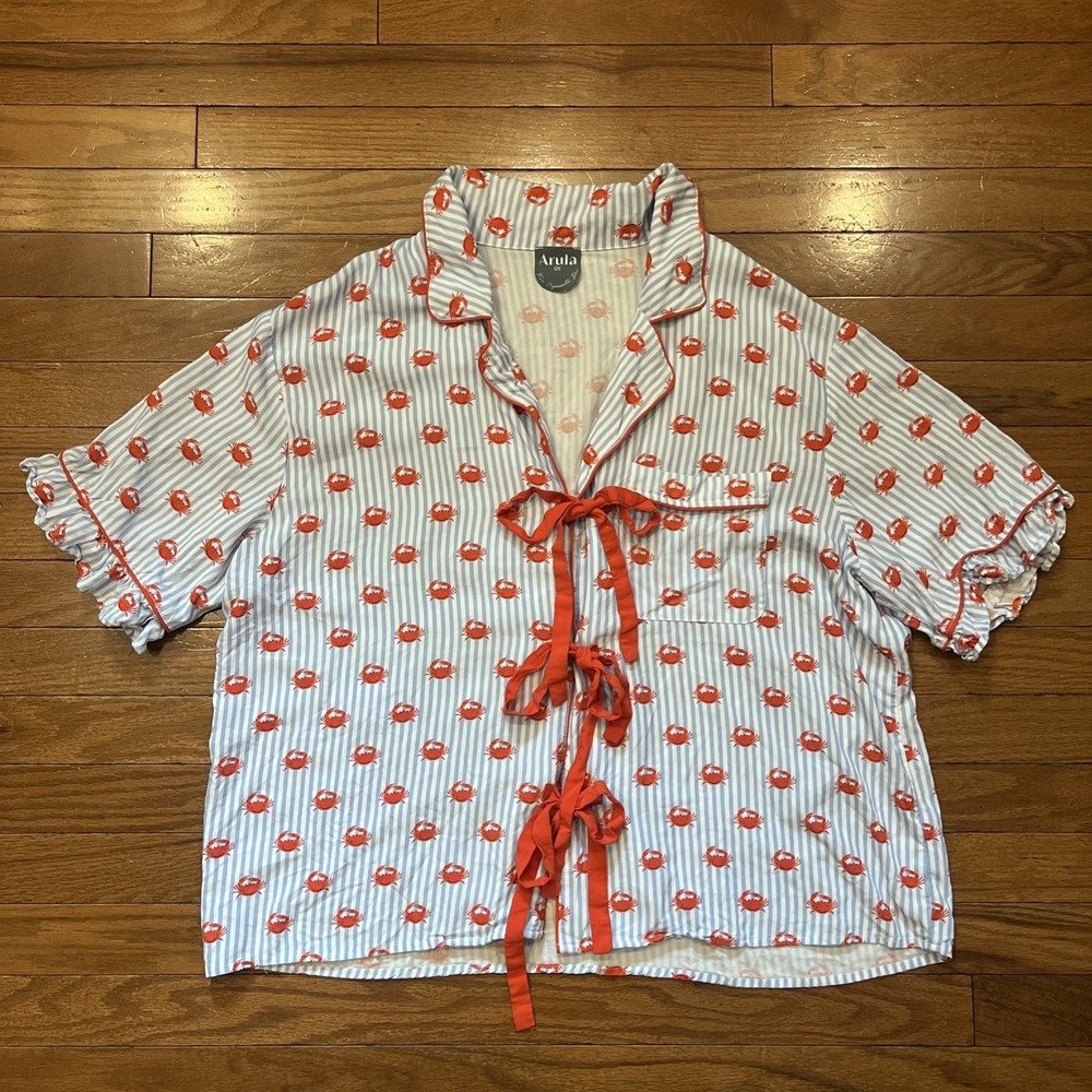 Arula 0X Blue Stripe Crab Print Tie Front Pajama Top Lounge Shirt Plus Size